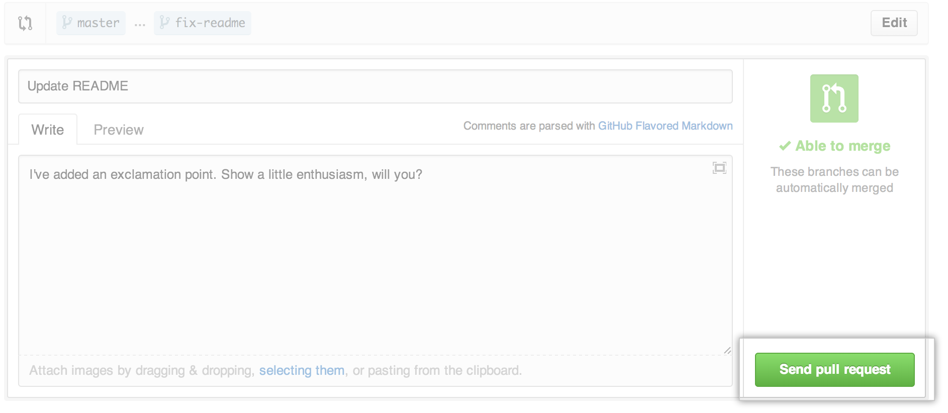 Pull 요청 보내기 버튼 클릭