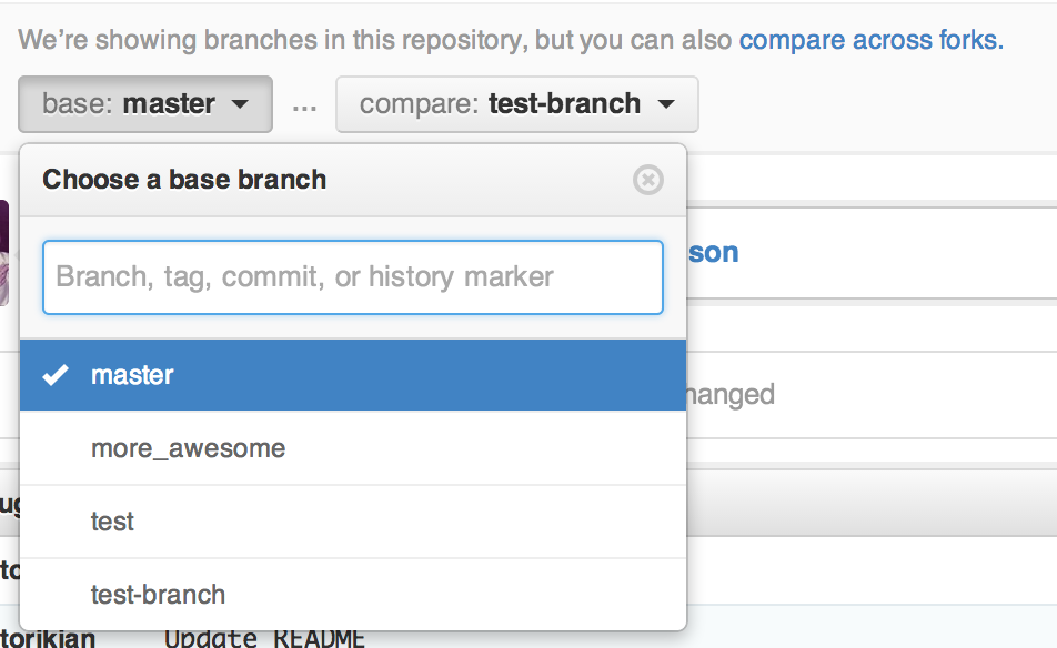 Base branch selection dropdown